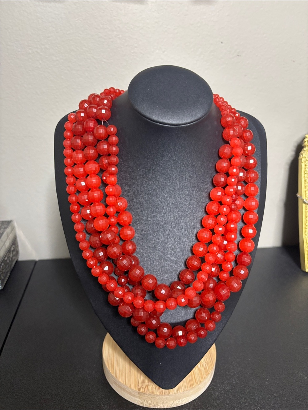 Red Multi-Strand Acrylic Holiday Beaded Necklace - Elegant Statement Jewelry
